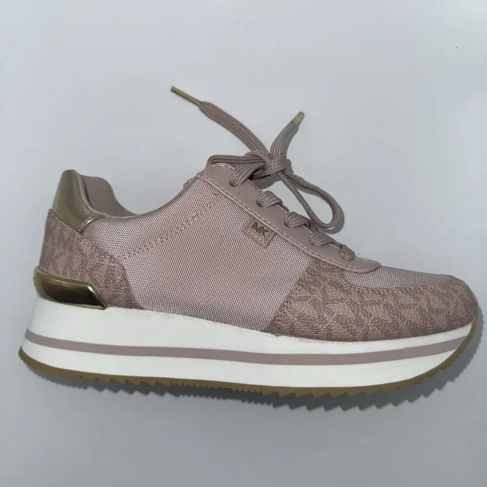 Michael Kors Allie Trainer Pink Gold Logo Platform Sneakers Women’s 6.5M